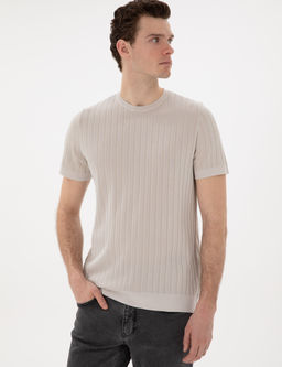 Bej Slim Fit Bisiklet Yaka Triko Ti__rt