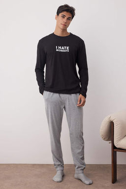 Siyah %100 Pamuk Slogan Bask?l? Regular Fit Orme Pijama Tak?m? TMNAW23PT00017 - Trendyolmilla фото 2