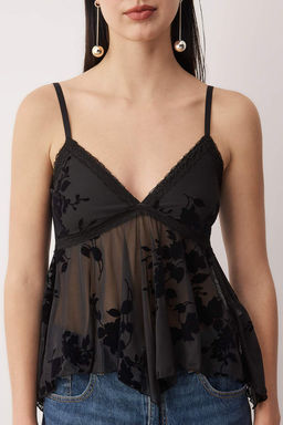 Siyah Cicekli Volan Detayl? Tul Party Bluz TPRAW26BZ00056 - Trendyolmilla фото 3