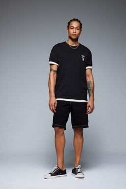 %100 Pamuk Boxy Fit Bisiklet Yaka S_rt Bask_l_ K_sa Kollu Ti__rt