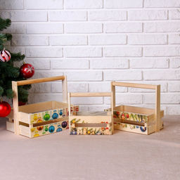 Набор кашпо деревянных Новогодний №3 3 в 1, МАССИВ СОСНЫ, деревянная ручка, натуральный