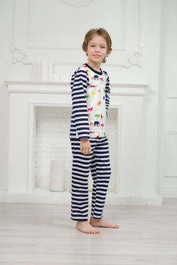 Пижама детская из джемпера и брюк без манжет из интерлока Сафари темно-синий полоса - Амадэль фото 26