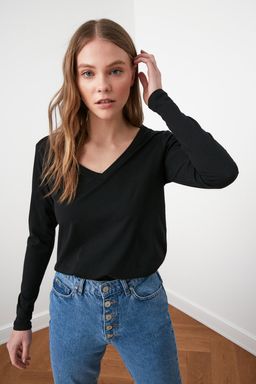 TRENDYOLMILLA Siyah %100 Pamuk Regular/Normal Kal?p Basic V Yaka Uzun Kollu Orme T-Shirt TWOAW21TS0099  фото 16