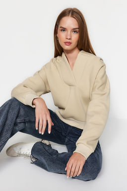 Tas Kal?n Ici Polarl? Kapusonlu Rahat Kesim Crop Orme Sweatshirt TWOAW24SW00065