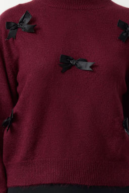 Bordo Yumusak Dokulu Kurdele/Fiyonk Detayl? Triko Kazak TWOAW25KZ00155