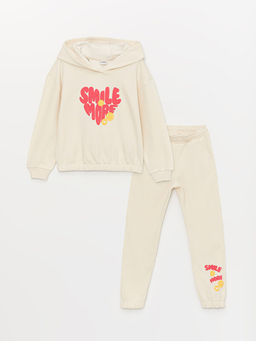 Bask?l? Uzun Kollu K?z ?ocuk Hoodie ve E?ofman Alt?