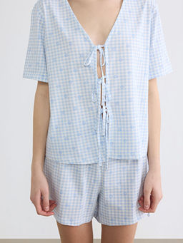 V Yaka Ekose Kad?n ?ortlu Pijama Tak?m?