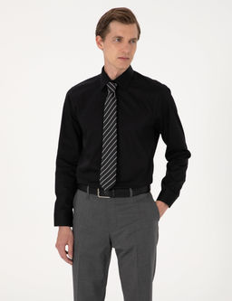 Siyah %100 Pamuk Parlak Saten Slim Fit Uzun Kollu Basic G_mlek