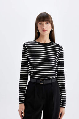 Женская повседневная полосатая футболка обычного кроя с круглым вырезом и длинными рукавами