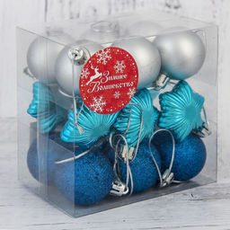 Ёлочные игрушки «Звёздный», набор 18 шт. (12 шаров, d=4 см, 6 звёзд) серебристый/синий