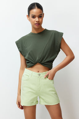TRENDYOLMILLA Ekru Pacas? Katlamal? Yuksek Bel Denim Sort TWOSS20SR0231  фото 14