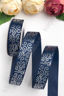 Лента репсовая 2,5 см*20 ярд "Узор" SF-5852, темно-синий/серебро №38
