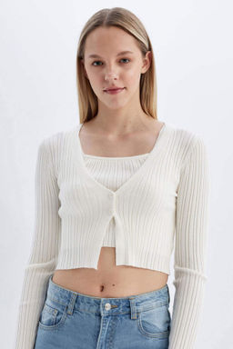 Coool Regular Fit Crop Dugmeli V Yaka Triko H?rka - Defacto фото 3