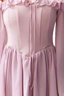 TRENDYOLMILLA Bridal Ekru A-Kesim Astarl? Volanl? Dokuma Sifon K?sa Dugun/Nikah S?k Abiye Elbise TPRSS23EL00096 фото 5