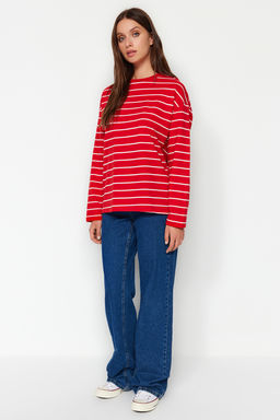 TRENDYOLMILLA Beyaz Cizgili Oversize/Genis Kesim Bisiklet Yaka Ince Orme Sweatshirt TWOAW23SW00326 фото 4