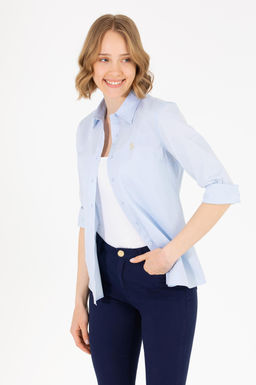 Женская голубая базовая рубашка с длинным рукавом