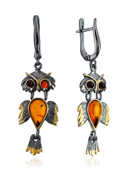 Оригинальные серьги Сова из натурального янтаря