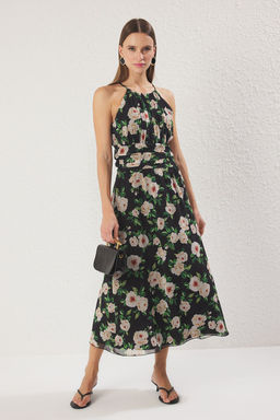 Siyah Cicekli Etegi Belden Ac?lan Sifon Ucus Ucus Dokuma Midi Elbise TWOSS25EL00553 - Trendyolmilla фото 2