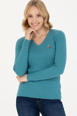 Женский базовый свитер бензинового цвета с v-образным вырезом Неожиданная скидка в корзине