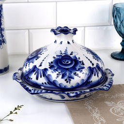 Блинница с крышкой Цветок, блюдо, 24?15 см, фарфор, гжель