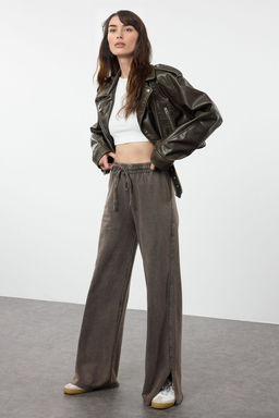 Koyu Kahverengi Soluk Efektli Wide Leg/Genis Paca Ince Orme Esofman Alt? Pantolon TWOAW22EA0426