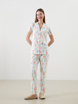 G?mlek Yaka Desenli Kad?n Pijama Tak?m?