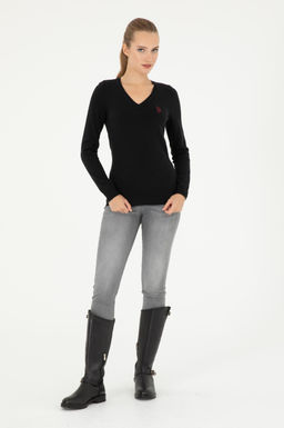 Женский черный базовый свитер с v-образным вырезом - U.s. polo assn фото 4