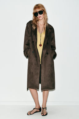 LONG FAUX SUEDE TRENCH COAT WITH BELT