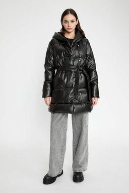 Водонепроницаемая надувная парка из искусственной кожи с капюшоном и пухом - Defacto фото 2