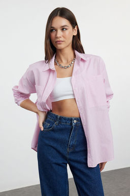 Pembe Cizgili Oversize Dokuma Gomlek TWOAW23GO00359
