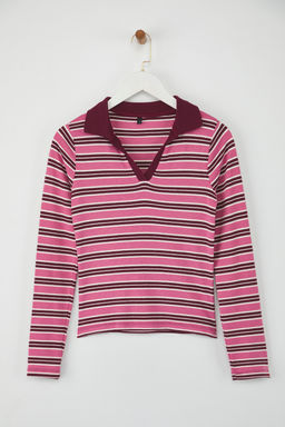 Teen Pembe Cizgili Polo Yaka Fitted/Vucuda Oturan Orme Bluz TWOAW26BZ00034