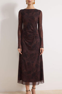 Kahverengi Soyut Buzgu / Drape Maxi Orme Elbise TWOAW25EL00408