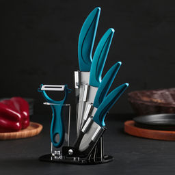 Набор кухонный на подставке «Изгиб», 5 предметов: 4 ножа, 7.5 см, 10 см, 13 см, 15 см, овощечистка, синий