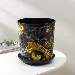 Горшок для цветов с поддоном Доляна «Голди.Тропики», 1,6 л, d=14 см, h=15,5 см, пластиковый, цвет чёрный