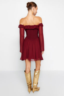 TRENDYOLMILLA Bridal Ekru A-Kesim Astarl? Volanl? Dokuma Sifon K?sa Dugun/Nikah S?k Abiye Elbise TPRSS23EL00096 фото 31