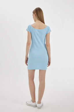 Мини-платье Cool Bodycon без бретелек в рубчик с короткими рукавами - Defacto фото 7