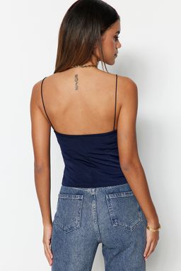 Lacivert Fitted/Vucuda Oturan Degaje Yaka Esnek Orme Bluz TWOSS21BZ0667