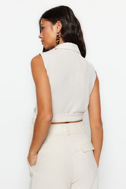 Bej Baglamal? Crop Dokuma Keten Gorunumlu Bluz TWOSS23BZ00550
