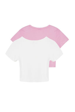 Pembe-Ekru 2li Paket Crop Viskoz/Yumusak Kumas Esnek Orme Bluz TWOSS23BZ00108