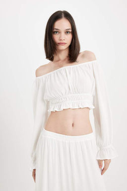 Блузка обычного кроя с открытыми плечами и жатой тканью с длинными рукавами - Defacto фото 4