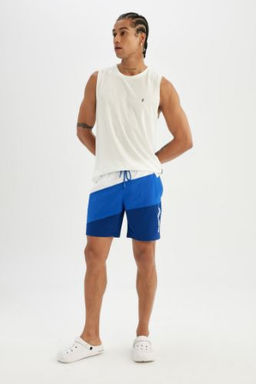 DeFactoFit Regular Fit Bask?l? Esnek Dokulu K?sa Boy Deniz Sortu