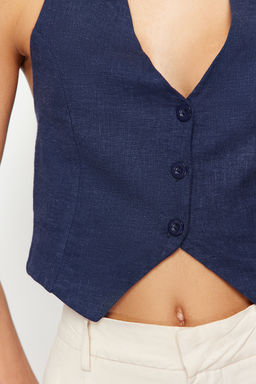 Indigo Boyundan Baglamal? Arkas? Buzgulu Pamuk Keten Crop Dokuma Bluz TWOSS24BZ00238 - Trendyolmilla фото 4