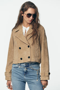 100% LEATHER SHORT TRENCH COAT