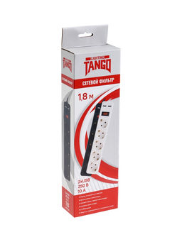 Сетевой фильтр TANGO, 5 гнезд с 2×USB, 1,8м, 10 А, 2200 Вт, с з/к, черный