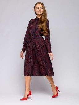 Платье темно-синее с мелким принтом длины миди с бантом и высокими манжетами