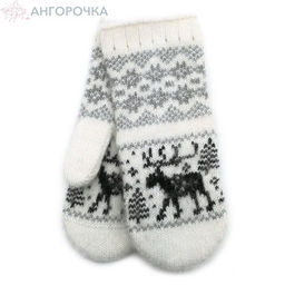 Белые теплые шерстяные варежки с узором лось - 300.11