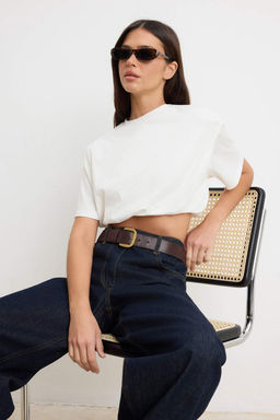 Ekru Boxy K?sa Kollu Buzgulu Super Crop %100 Pamuk Orme T-shirt TWOSS26TS00282
