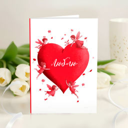 Открытка 4 шоколадки "Люблю (большое сердце с ангелами)"