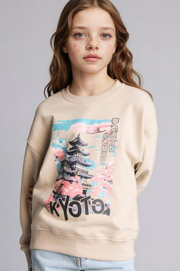 Relax Fit Bisiklet Yaka Bask_l_ Sweatshirt K_z _ocuk