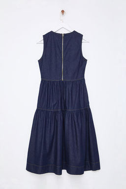 TRENDYOLMILLA Koyu Mavi Volanl? Midi Denim Elbise TWOSS25EL00007